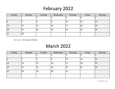 February and March 2022 Calendar Horizontal