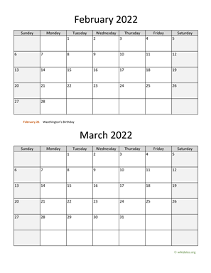 February and March 2022 Calendar Vertical
