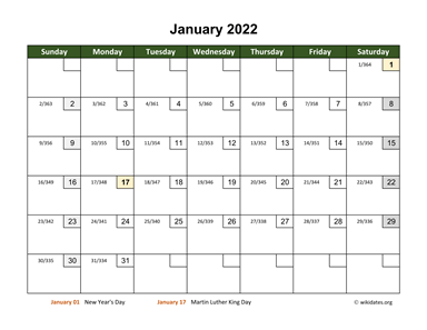 January 2022 Calendar with Day Numbers