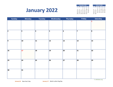 January 2022 Calendar Classic