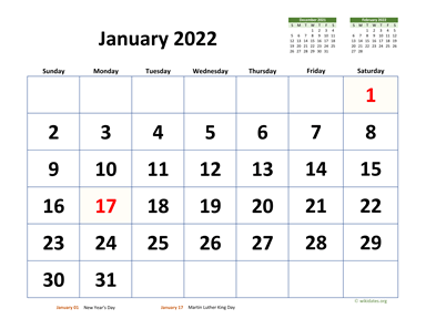 January 2022 Calendar with Extra-large Dates