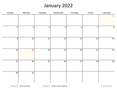 January 2022 Calendar with Bigger boxes