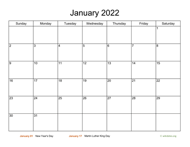 Basic Calendar for January 2022