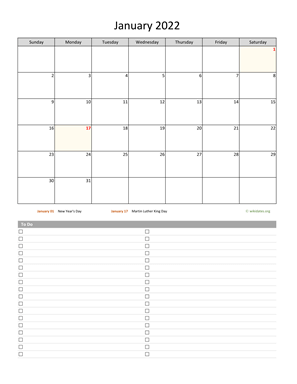 January 2022 Calendar with To-Do List