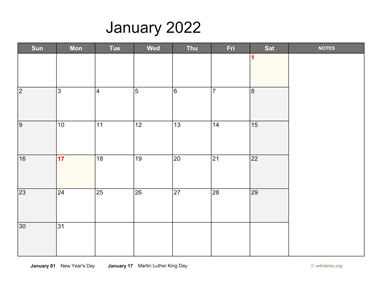 January 2022 Calendar with Notes