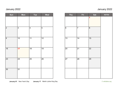 January 2022 Calendar on two pages