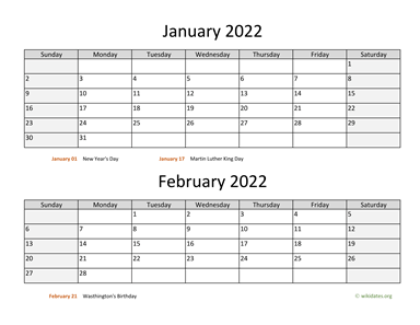 January and February 2022 Calendar Horizontal