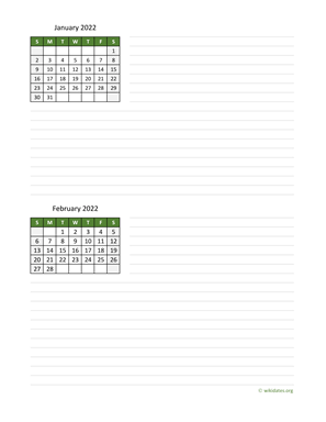 January and February 2022 Calendar with Notes