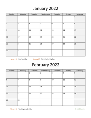 January and February 2022 Calendar Vertical