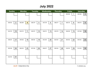 July 2022 Calendar with Day Numbers