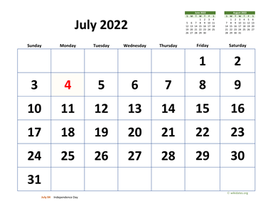 July 2022 Calendar with Extra-large Dates