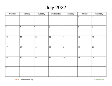 Basic Calendar for July 2022