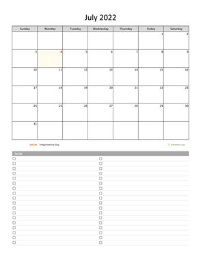 July 2022 Calendar with To-Do List