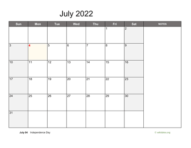 July 2022 Calendar with Notes