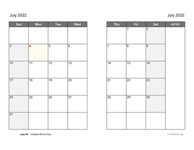 July 2022 Calendar on two pages