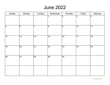 Basic Calendar for June 2022