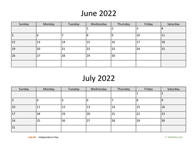 June and July 2022 Calendar Horizontal