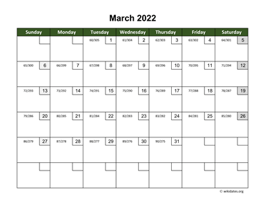 March 2022 Calendar with Day Numbers