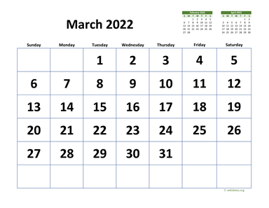 March 2022 Calendar with Extra-large Dates