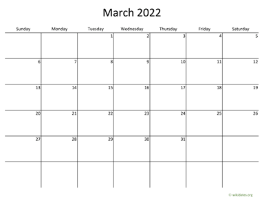 March 2022 Calendar with Bigger boxes