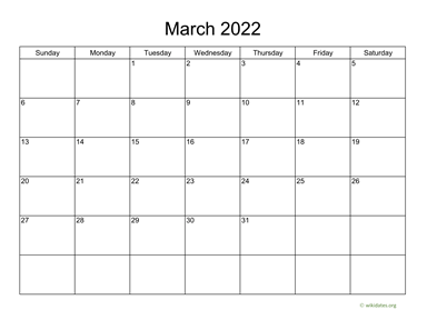 Basic Calendar for March 2022