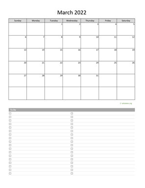 March 2022 Calendar with To-Do List