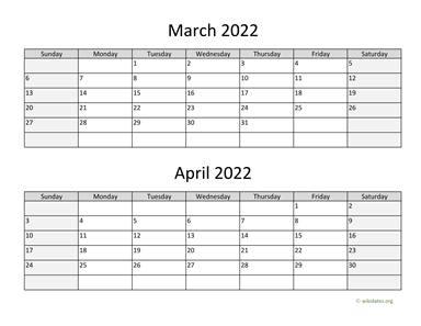 March and April 2022 Calendar Horizontal