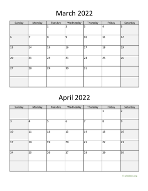 March and April 2022 Calendar Vertical