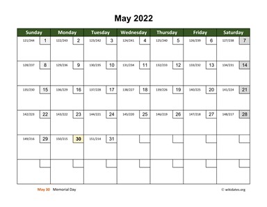 May 2022 Calendar with Day Numbers