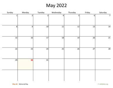 May 2022 Calendar with Bigger boxes