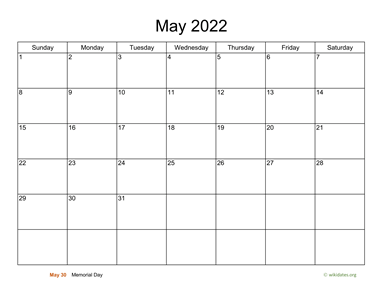 Basic Calendar for May 2022