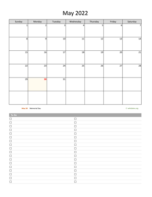 May 2022 Calendar with To-Do List