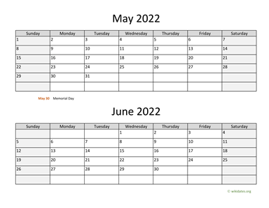 May and June 2022 Calendar Horizontal
