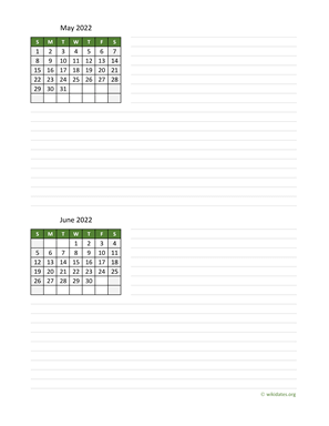 May and June 2022 Calendar with Notes