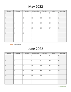 May and June 2022 Calendar Vertical