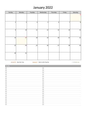 Monthly 2022 Calendar with To-Do List