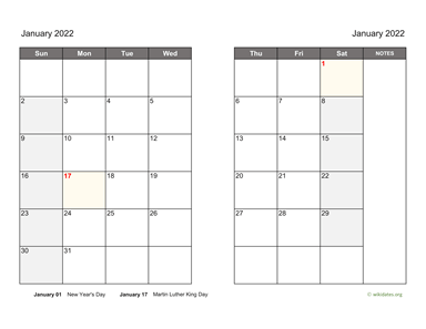 Monthly 2022 Calendar on two pages