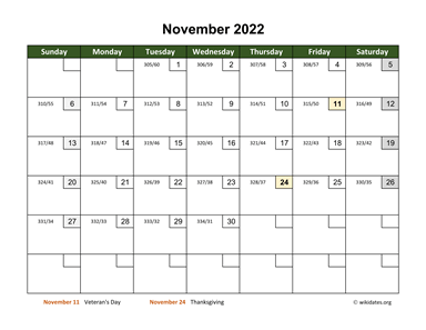 November 2022 Calendar with Day Numbers