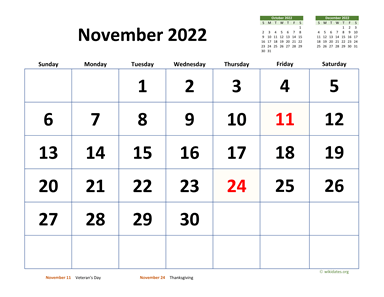 November 2022 Calendar with Extra-large Dates