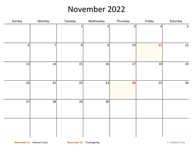 November 2022 Calendar with Bigger boxes