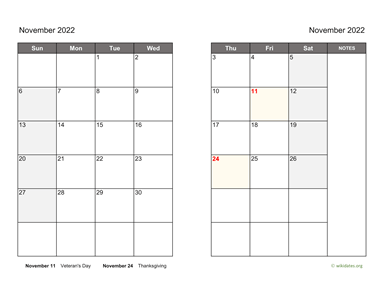 November 2022 Calendar on two pages