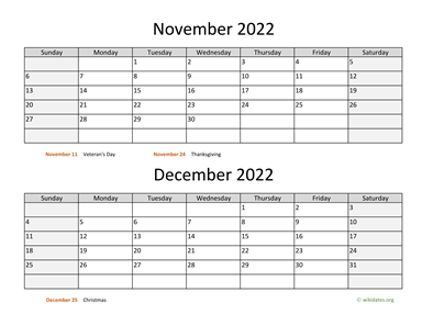 November and December 2022 Calendar Horizontal