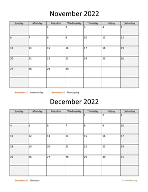 November and December 2022 Calendar Vertical