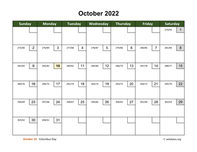 October 2022 Calendar with Day Numbers