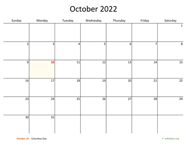 October 2022 Calendar with Bigger boxes
