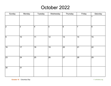 Basic Calendar for October 2022