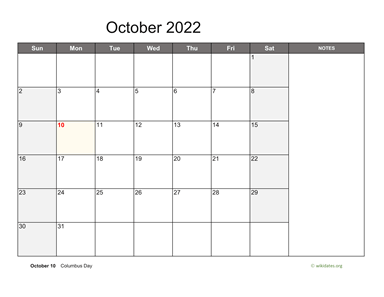 October 2022 Calendar with Notes