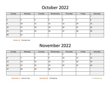 October and November 2022 Calendar Horizontal