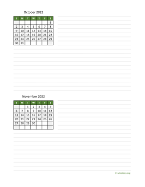 October and November 2022 Calendar with Notes