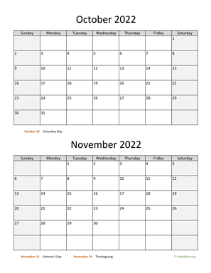 October and November 2022 Calendar Vertical